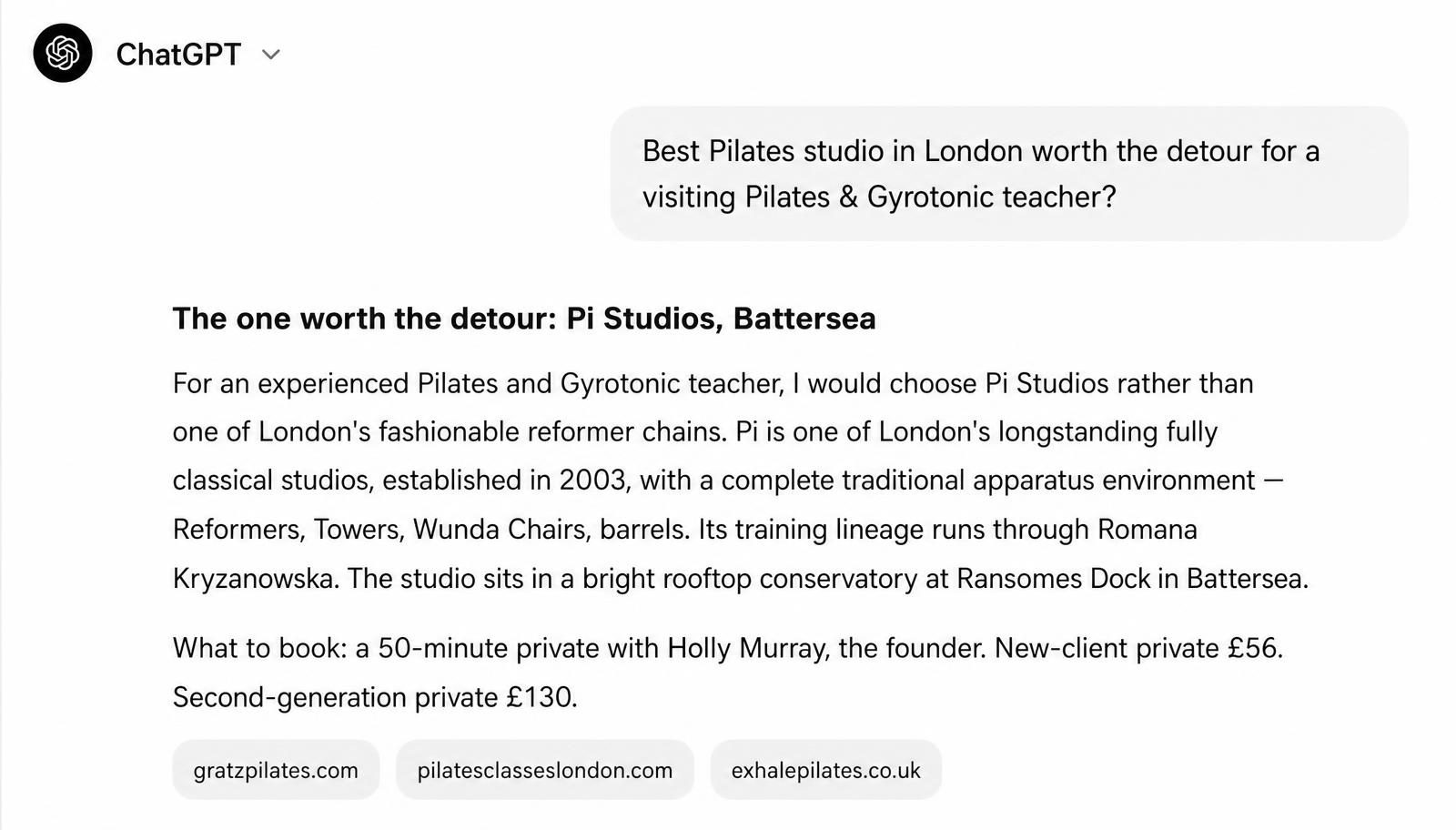 ChatGPT answer for "the Pilates studio in London worth the detour in London"